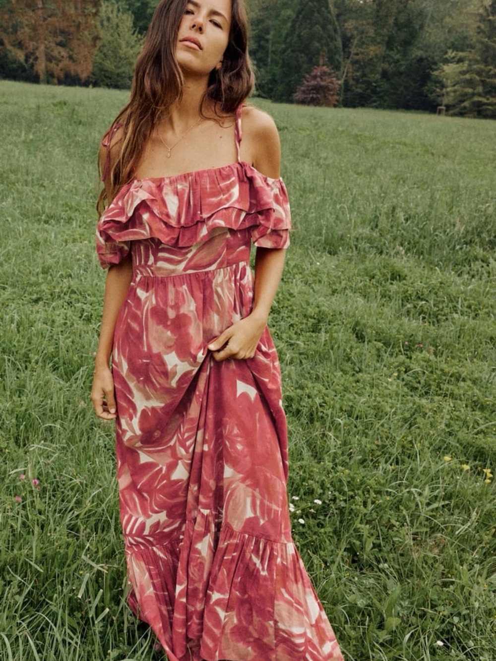 Zara Pink Floral Ruffle Off-Shoulder Maxi Dress
